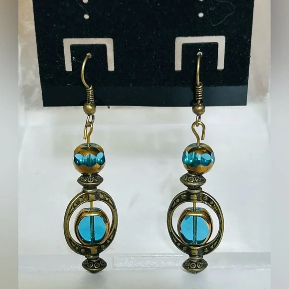 Hand Crafted Elegant Blue Glass and Gold Dangle Earrings - Picture 1 of 3